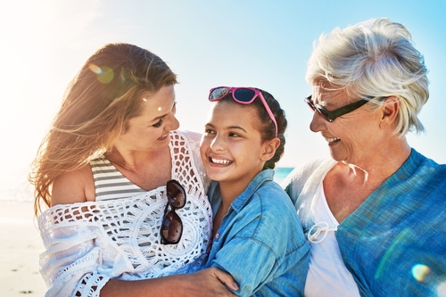 Adult daughter with chid and mother on beach